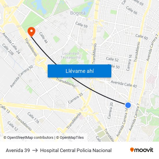 Avenida 39 to Hospital Central Policia Nacional map