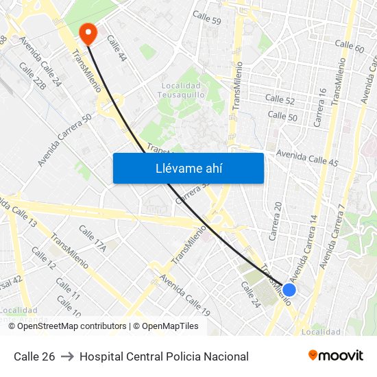 Calle 26 to Hospital Central Policia Nacional map