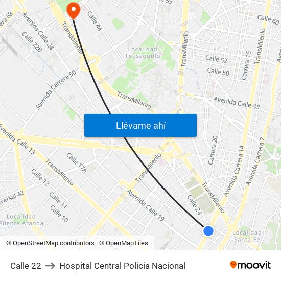 Calle 22 to Hospital Central Policia Nacional map