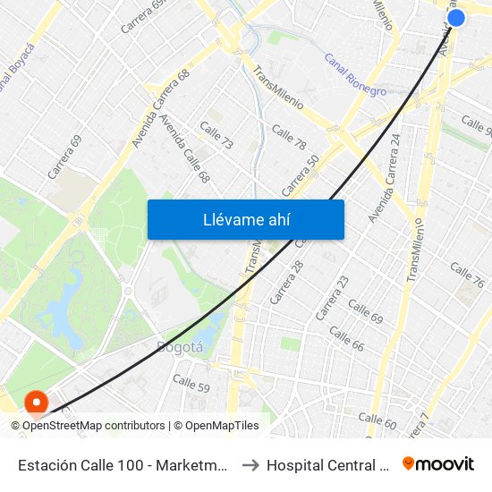 Estación Calle 100 - Marketmedios (Auto Norte - Cl 98) to Hospital Central Policia Nacional map