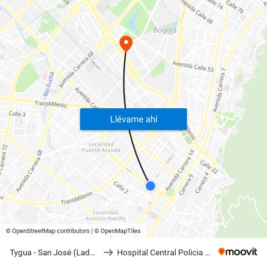 Tygua - San José (Lado Norte) to Hospital Central Policia Nacional map