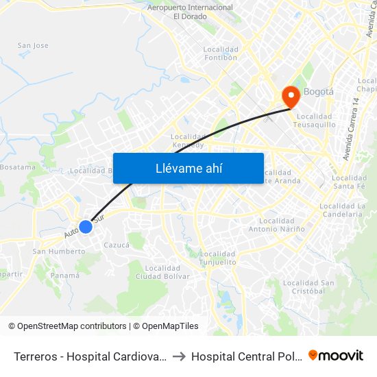 Terreros - Hospital Cardiovascular (Lado Sur) to Hospital Central Policia Nacional map