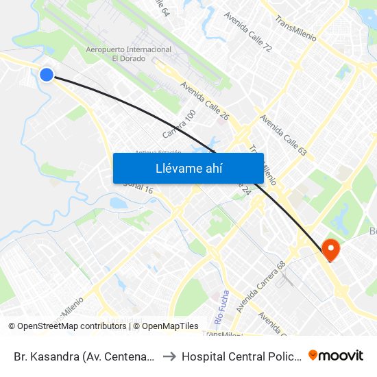 Br. Kasandra (Av. Centenario - Kr 134a) to Hospital Central Policia Nacional map
