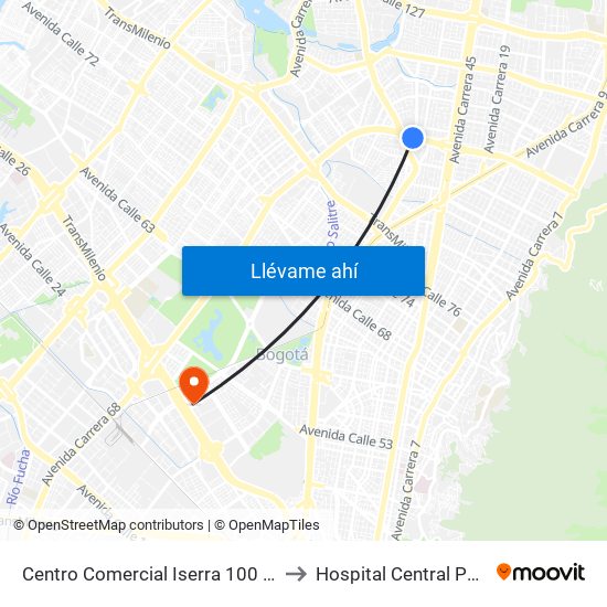 Centro Comercial Iserra 100 (Ac 100 - Kr 54) (B) to Hospital Central Policia Nacional map