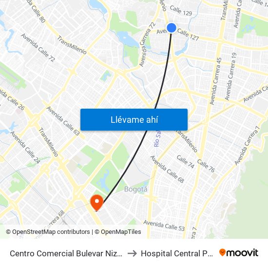 Centro Comercial Bulevar Niza (Ac 127 - Av. Suba) to Hospital Central Policia Nacional map