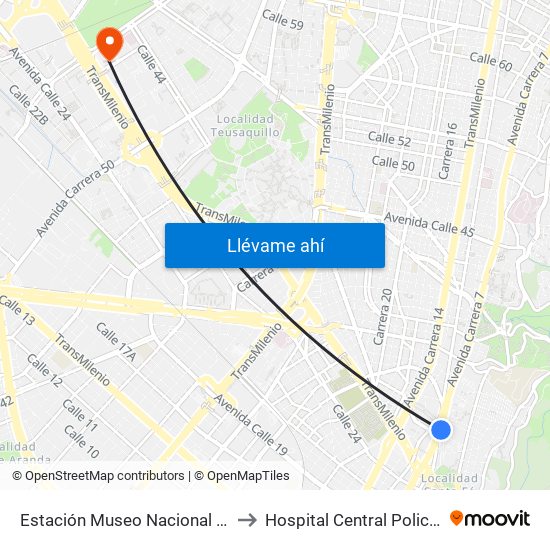 Estación Museo Nacional (Ak 7 - Cl 29) to Hospital Central Policia Nacional map