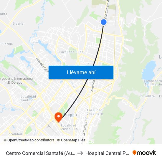 Centro Comercial Santafé (Auto Norte - Cl 187) (B) to Hospital Central Policia Nacional map