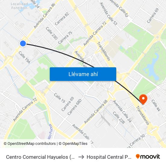 Centro Comercial Hayuelos (Av. C. De Cali - Cl 20) to Hospital Central Policia Nacional map