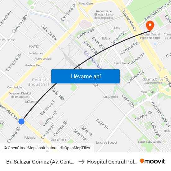 Br. Salazar Gómez (Av. Centenario - Kr 65) (A) to Hospital Central Policia Nacional map