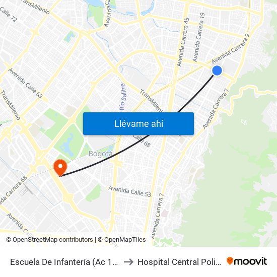 Escuela De Infantería (Ac 100 - Kr 11a) (B) to Hospital Central Policia Nacional map