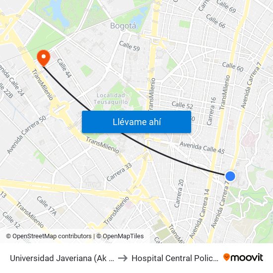 Universidad Javeriana (Ak 7 - Cl 40) (B) to Hospital Central Policia Nacional map