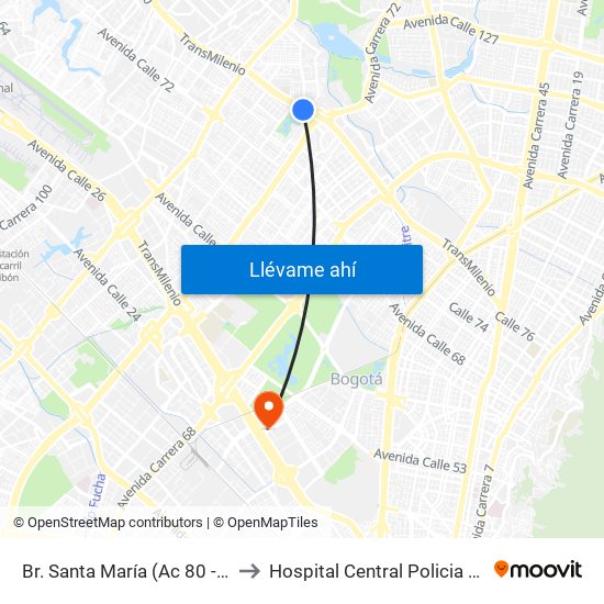 Br. Santa María (Ac 80 - Kr 73b) to Hospital Central Policia Nacional map
