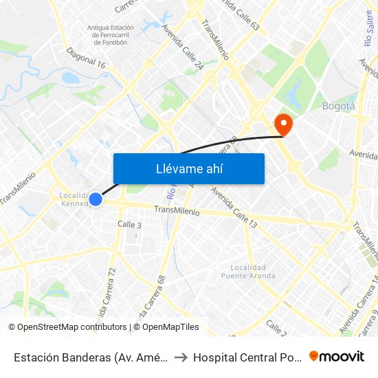 Estación Banderas (Av. Américas - Kr 78a) (A) to Hospital Central Policia Nacional map