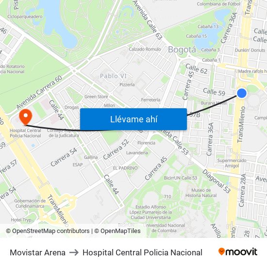 Movistar Arena to Hospital Central Policia Nacional map