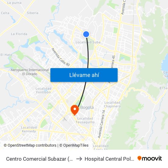 Centro Comercial Subazar (Av. Suba - Kr 91) to Hospital Central Policia Nacional map