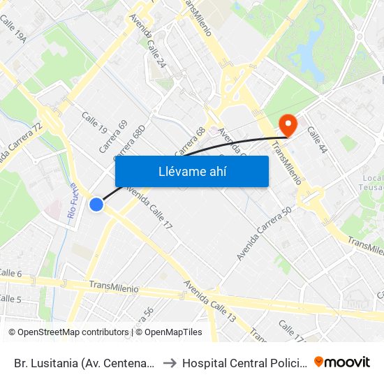 Br. Lusitania (Av. Centenario - Kr 68b) to Hospital Central Policia Nacional map