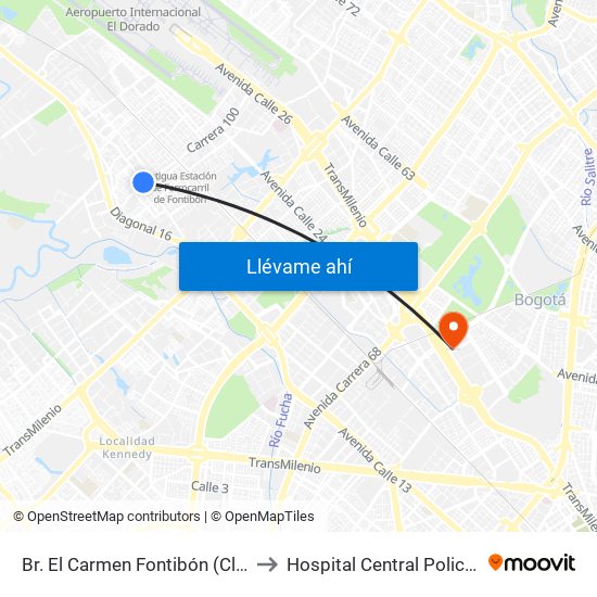 Br. El Carmen Fontibón (Cl 17 - Kr 100) to Hospital Central Policia Nacional map