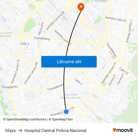 Olaya to Hospital Central Policia Nacional map