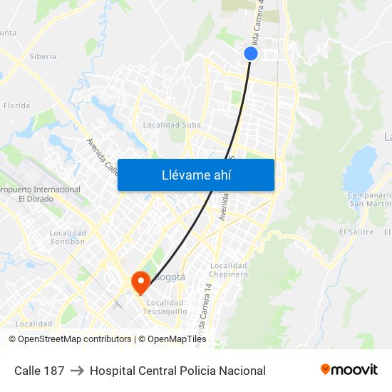 Calle 187 to Hospital Central Policia Nacional map