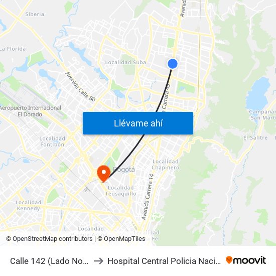 Calle 142 (Lado Norte) to Hospital Central Policia Nacional map