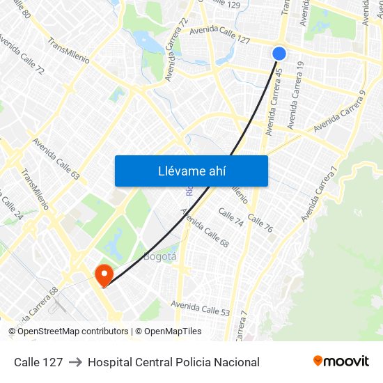 Calle 127 to Hospital Central Policia Nacional map