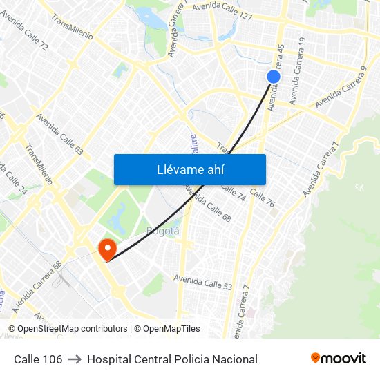 Calle 106 to Hospital Central Policia Nacional map