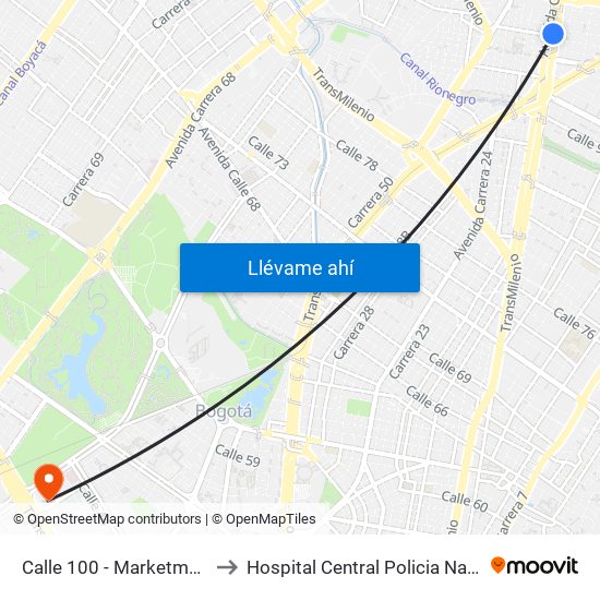Calle 100 - Marketmedios to Hospital Central Policia Nacional map