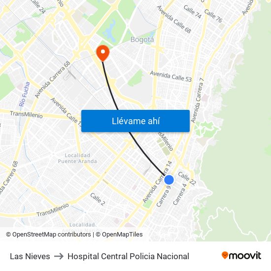 Las Nieves to Hospital Central Policia Nacional map