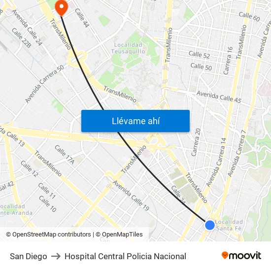 San Diego to Hospital Central Policia Nacional map