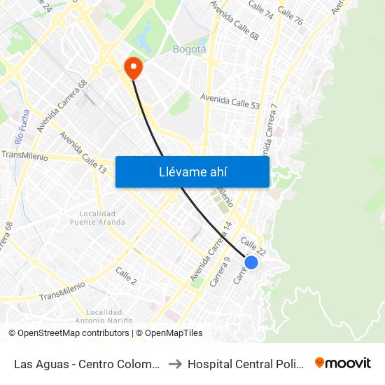 Las Aguas - Centro Colombo Americano to Hospital Central Policia Nacional map