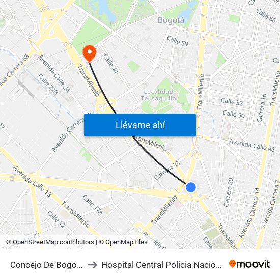 Concejo De Bogotá to Hospital Central Policia Nacional map