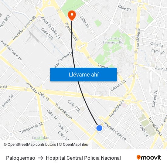 Paloquemao to Hospital Central Policia Nacional map