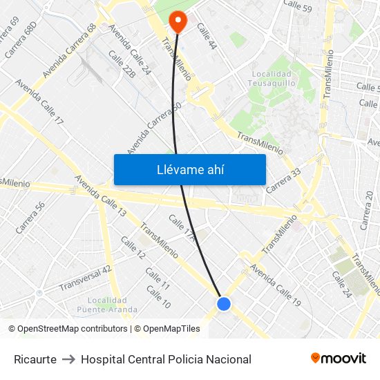 Ricaurte to Hospital Central Policia Nacional map