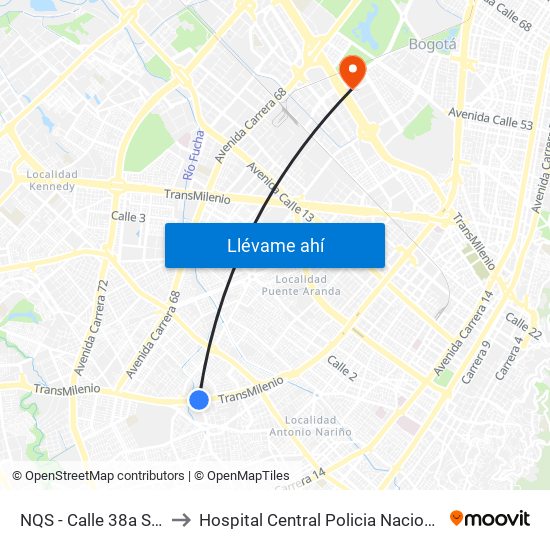 NQS - Calle 38a Sur to Hospital Central Policia Nacional map