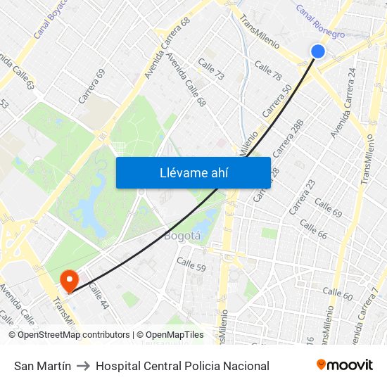 San Martín to Hospital Central Policia Nacional map