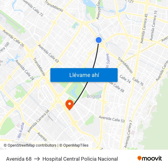 Avenida 68 to Hospital Central Policia Nacional map