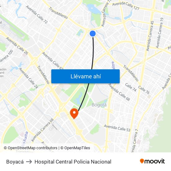 Boyacá to Hospital Central Policia Nacional map