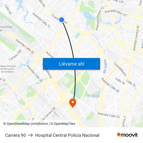 Carrera 90 to Hospital Central Policia Nacional map