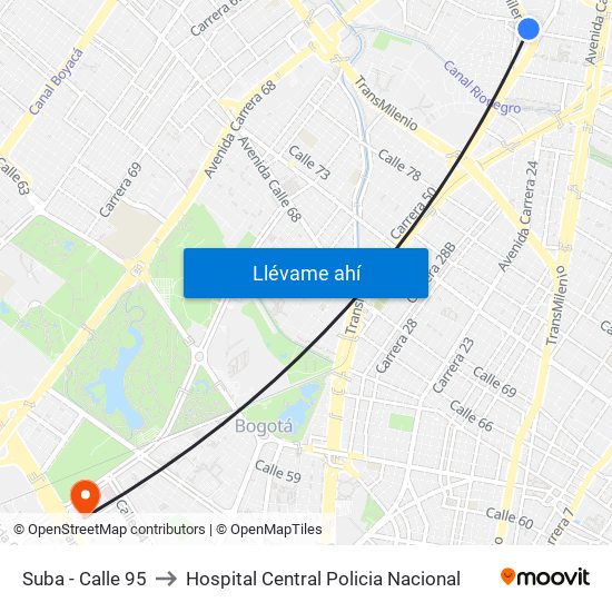 Suba - Calle 95 to Hospital Central Policia Nacional map