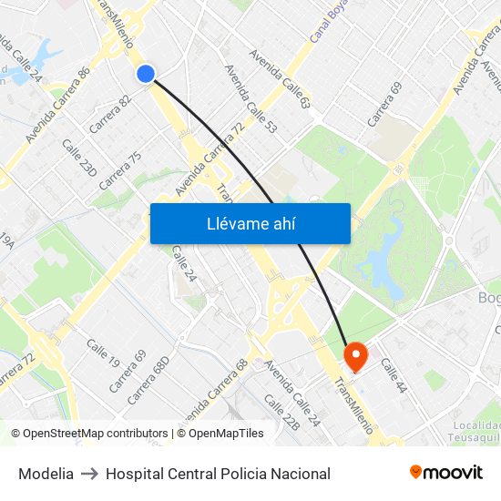 Modelia to Hospital Central Policia Nacional map