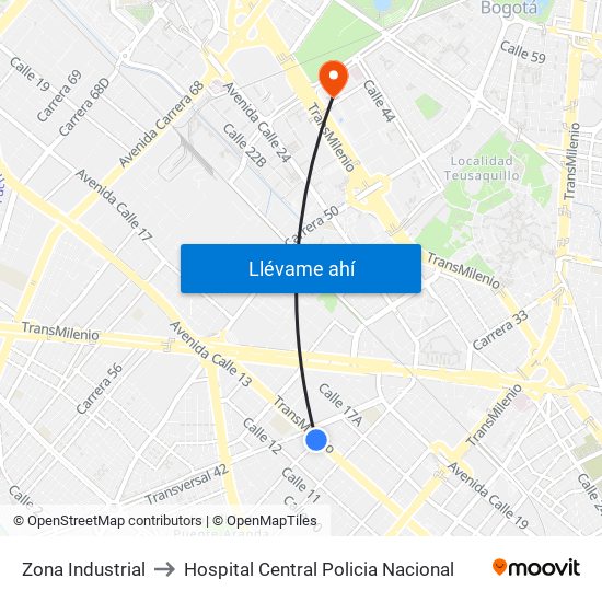 Zona Industrial to Hospital Central Policia Nacional map