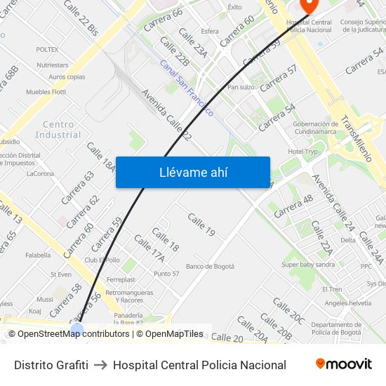 Distrito Grafiti to Hospital Central Policia Nacional map