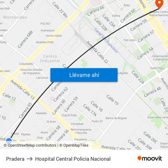 Pradera to Hospital Central Policia Nacional map