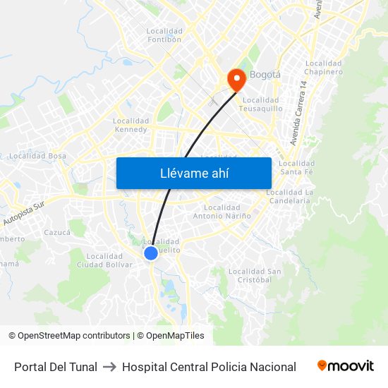 Portal Del Tunal to Hospital Central Policia Nacional map