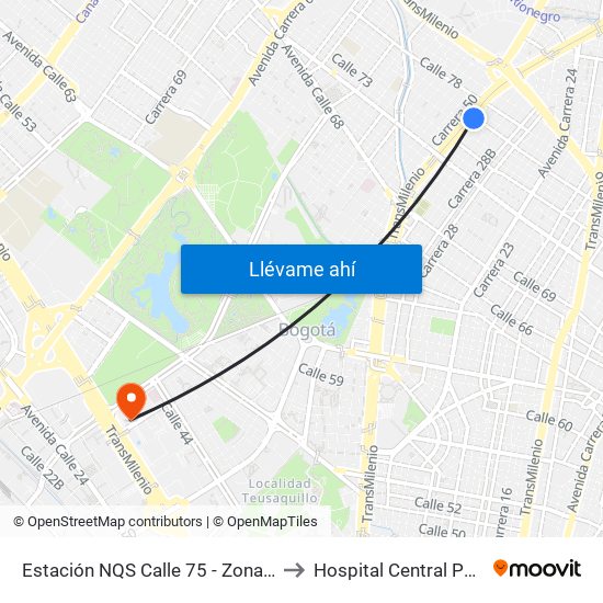 Estación NQS Calle 75 - Zona M (Av. NQS - Cl 75) to Hospital Central Policia Nacional map