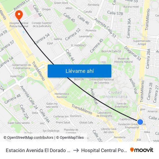 Estación Avenida El Dorado (Av. NQS - Cl 40a) to Hospital Central Policia Nacional map