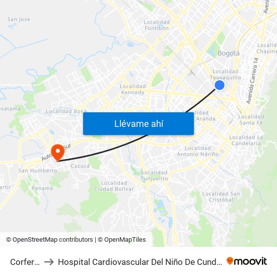 Corferias to Hospital Cardiovascular Del Niño De Cundinamarca map