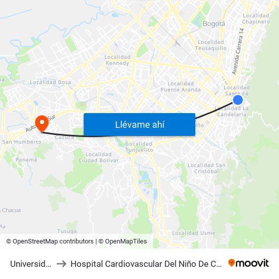 Universidades to Hospital Cardiovascular Del Niño De Cundinamarca map