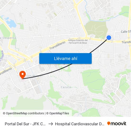 Portal Del Sur - JFK Cooperativa Financiera to Hospital Cardiovascular Del Niño De Cundinamarca map
