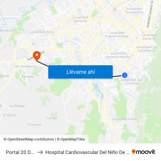 Portal 20 De Julio to Hospital Cardiovascular Del Niño De Cundinamarca map
